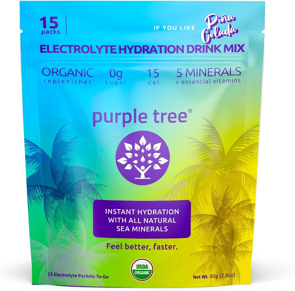 Árbol púrpura Organic Electrolyte Hydration Packets – Pina Colada Flavor, Sugar-Free Liquid Hydration Sticks for Rapid Rehydration, Daily Electrolyte Drink Mix for Dehydration Relief, 15 To-Go Packs