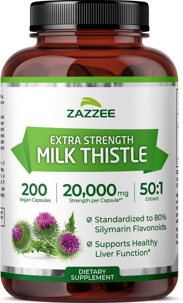 Zazzee Organic Milk Thistle 50:1 Extract, 20,000 mg Strength, 200 capsules Vegan, 80% Silymarin Flavonoids, Over 6 Month Supply, Standardized and Concentrated 50X Extract, All-Natural and Non-GMO