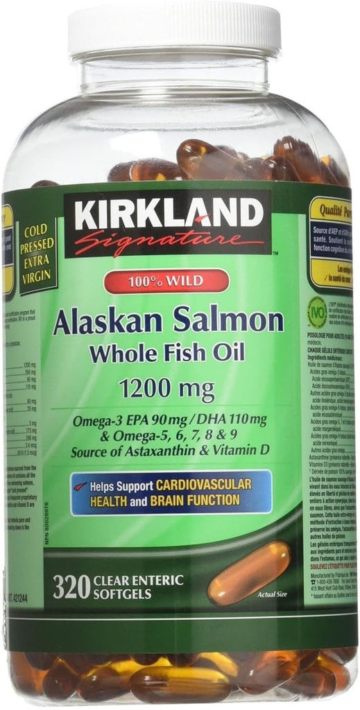 Kirkland Firma 100% Salvaje Salmón de Alaska 90 EPA 110 DHA 1200mg - 320 Enteric Coated Softgels