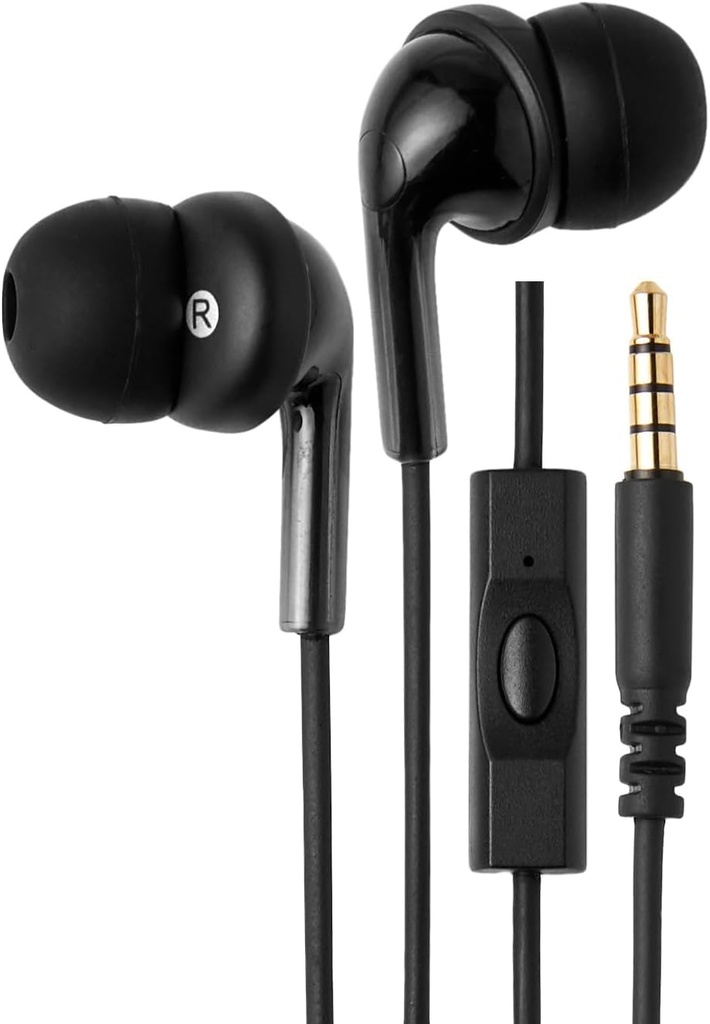 Básicos Árbulos con alambre con micrófono, En auriculares de oído, 3,5 mm Jack, cable largo de 4,2 pies, Consejos de oído S/M/L, Negro