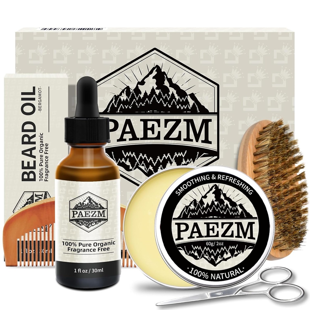 5 Piece Beard Grooming Kit para Hombres, incluyendo All Natural Beard Oil, Beard Balm with Sweet Orange Scent, Comb, Tijeras, Storage Bag, Beard Care Set Christmas Birthday Father's Day Gift for him