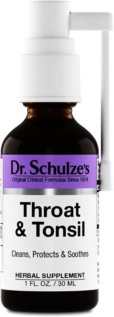 Dr. Schulze's Throat &amp; Tonsil ← Cool, Soothe &amp; Protect ← Herbal Supplement TEN Vegan & Kosher TEN Powerful &amp; Effective ← Easy Spray Nozzle ← 1 oz Bottle