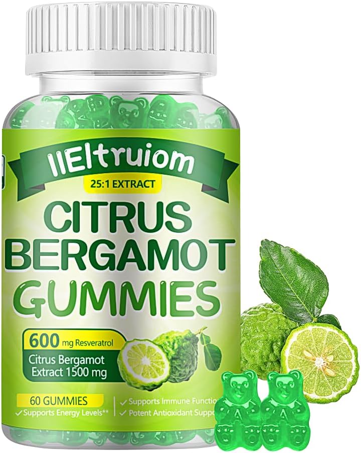 Citrus Bergamot 1500mg, Citrus Bergamot Gummies for Healthy Cholesterol, Bergamot Suplementos 25:1 Extracto de Italia Bérgamot, Resveratrol &amp; Niacin - Natural Vegan 60 Gummies