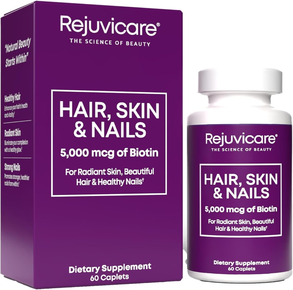 Esquí de pelo y uñas, soporte para el crecimiento del cabello, piel sana " uñas, biotina, vitaminas B1, B2, B3, B6 " B7 + B1, soporta cabello saludable, piel radiante y uñas fuertes, Vegan, 60 caplets