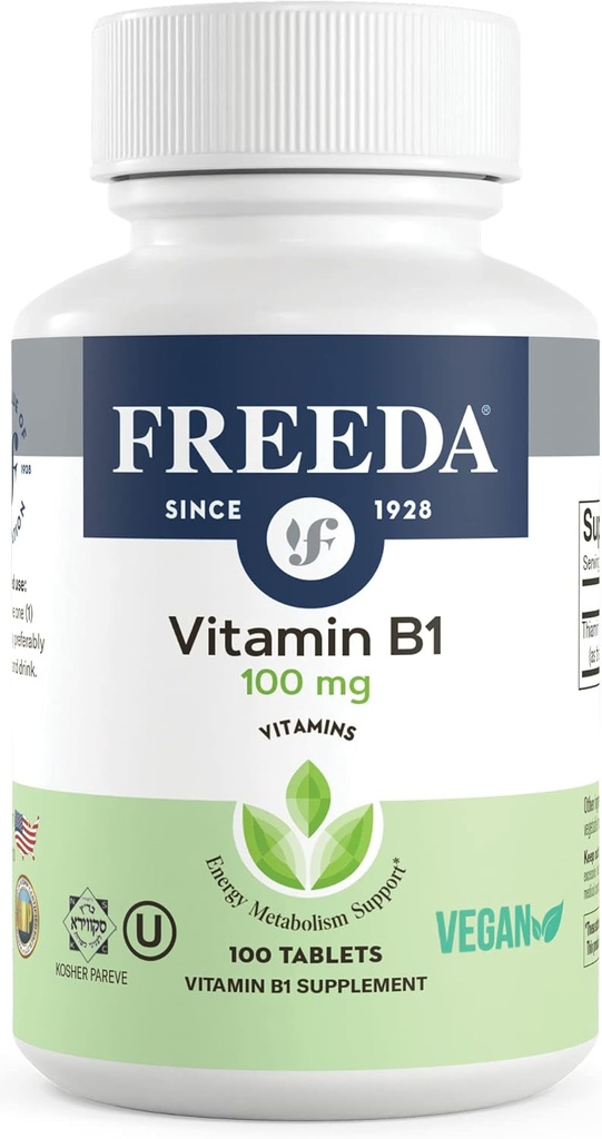 Freeda Vitamin B1 Thiamine 100mg - Supports Energy Metabolism, Nervous System Health - Kosher, Vegan, Gluten Free - Thiamin HCl 100 mg Vitamin B 1 - Pure Vit B1 Vitamin Thiamine B1 Supplement (100 Ct)