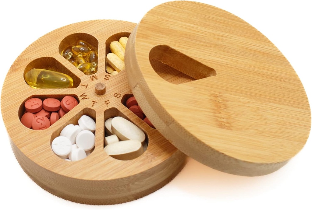 Organizador de Medicina Wood Daily Weekly, Organizador de Píldora de Viajes y Titular de Píldoras, Caja de Herramientas de Medicina de la Vitamina, Día de la Píldora, Diseño mejorado con Días de la Semana y Lid de Madera Solida