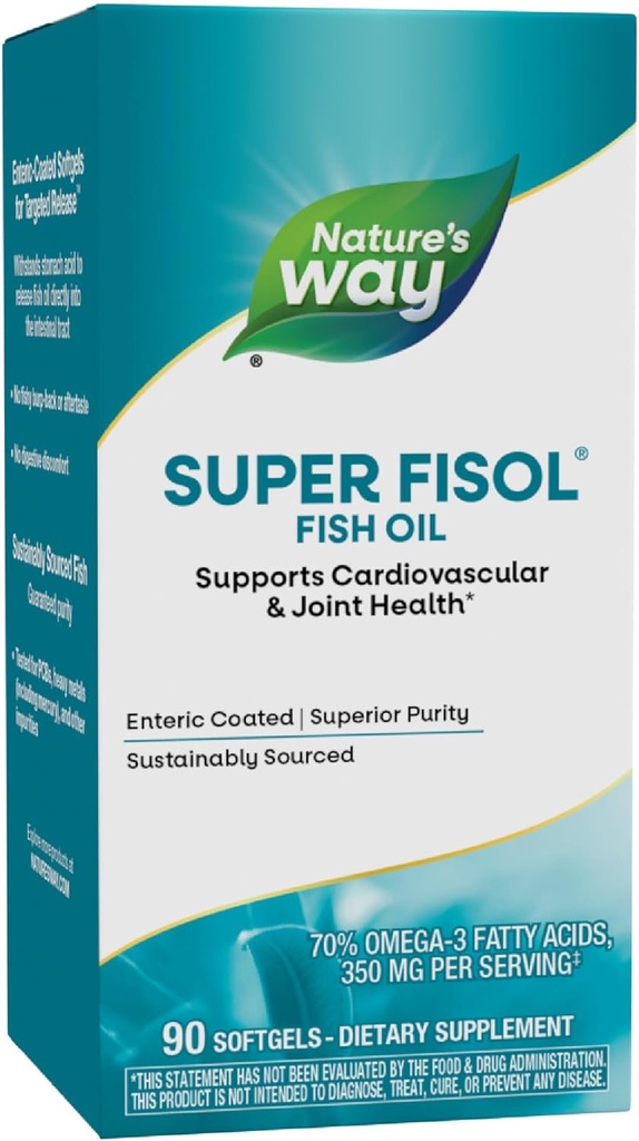 Manera Super Fisol Fish Oil, Enteric Coated, soporta la salud cardiovascular y conjunta*, Mega Potency Omega-3, 90 Softgels (Packaging May Vary)