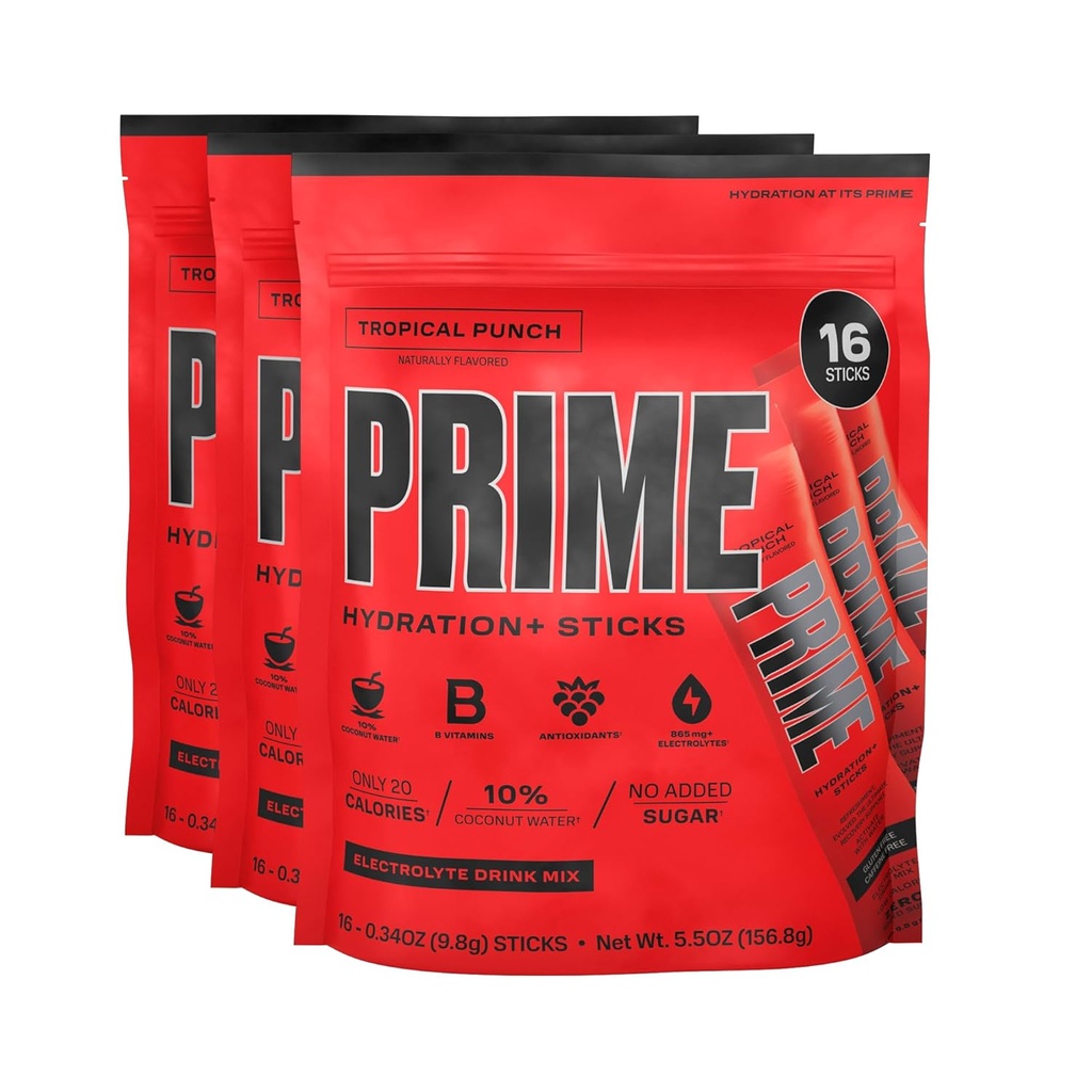 PRIME HYDRATION+ Pegatinas Punch tropical ← Hidration Powder Single Serve Sticks ← Electrolyte Powder On The Go TEN 250mg BCAAs, B Vitaminas, Antioxidantes TEN Low Sugar TEN Caffeine-Free TEN Vegan TEN 48 Sticks
