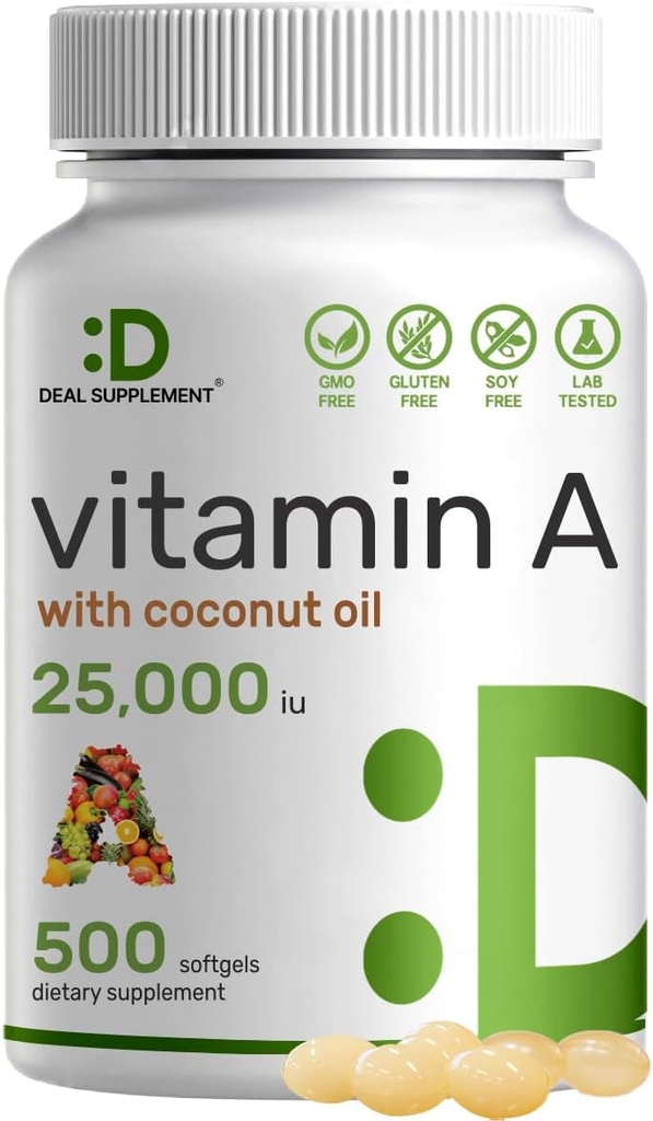 SUPLEMENTO DEAL Alta Potencia Vitamina A 25000 UI, 500 Aceite de coco Softgels TENIDO Fácilmente Absorbido, Natural Fish Liver Oil Source – Vitaminas para el ojo, inmune, " Skin Health – Easy to Swallow, Non-GMO
