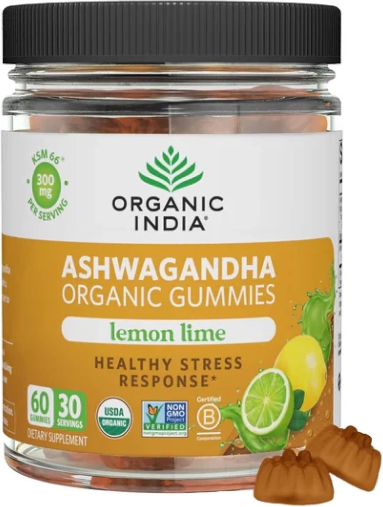 ORGANIC INDIA Ashwagandha Gummies for Men & Women - Stress Supplement, KSM-66 Ashwagandha Root, Extra Strength, Calm Chews, Vegan, Non-GMO - Lemon Lime, 60 Gummies