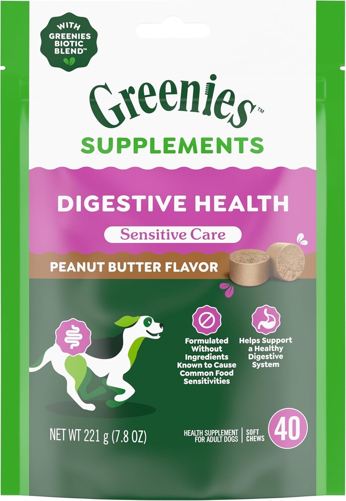 Greenies Sensitive Care Digestive Health Dog Supplement Chicken-Free Formula, con un Probiótico para Perros, Peanut Butter Flavor, 40 Count Pouch