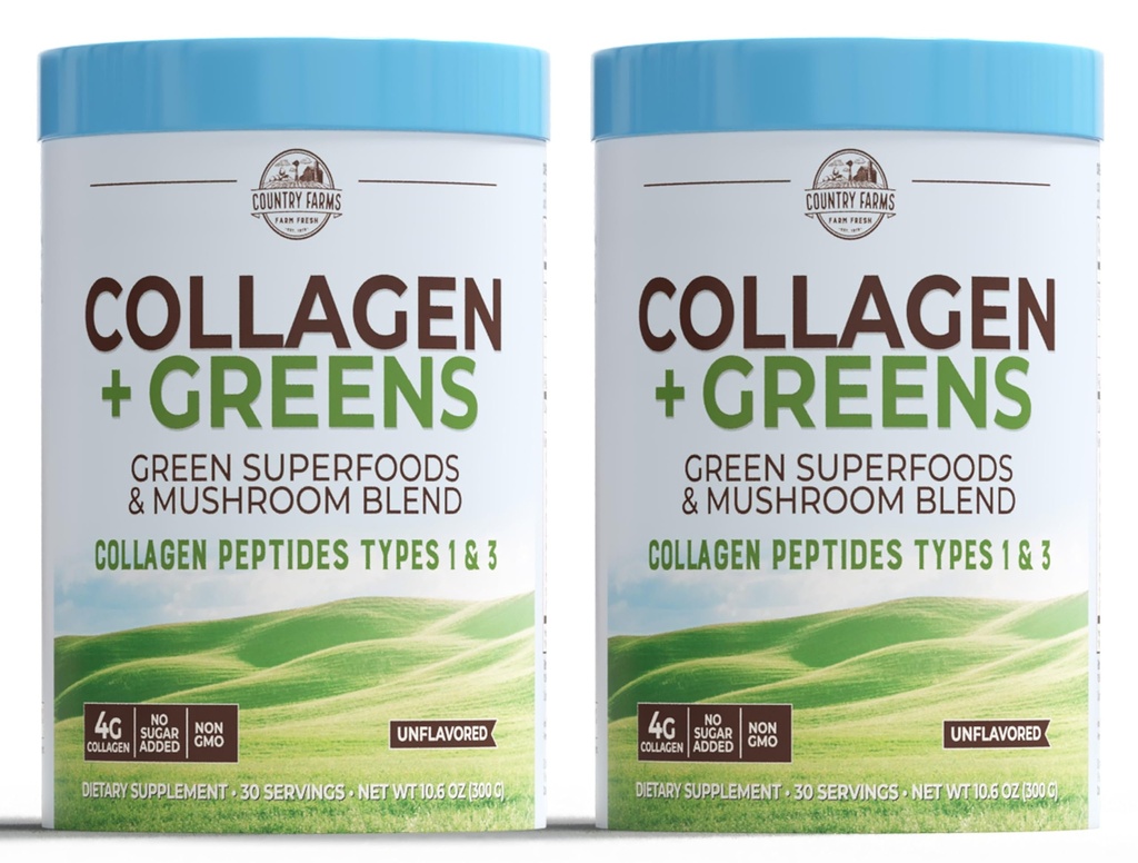COUNTRY FARMS Peptides colágeno Polvo con Verdes Suplemento dietético de Polvo (Tipo I, III) para uñas y juntas de pelo de piel, Dairy/Gluten/Sugar Libre, Superalimentos Energizantes, 21.2 Oz, 60 Servimientos