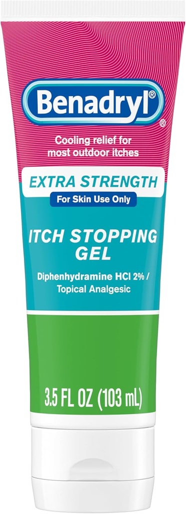 Benadryl Extra Strength Anti Itch Relief Gel, 2% Diphenhydramine HCl, Relief from Insect Bites, Sunburn &amp; More, Great for Camping Essentials, 3.5 fl oz