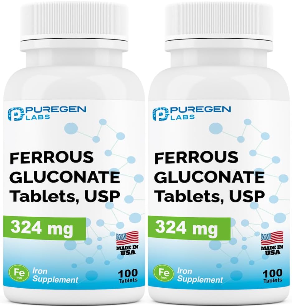 Puregen Labs Ferrous Gluconate 324 mg [High Potency] Iron Supplement, Gentle on Stomach ← 2 Pack - 200 Tablets Total