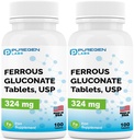 Puregen Labs Ferrous Gluconate 324 mg [High Potency] Iron Supplement, Gentle on Stomach ← 2 Pack - 200 Tablets Total