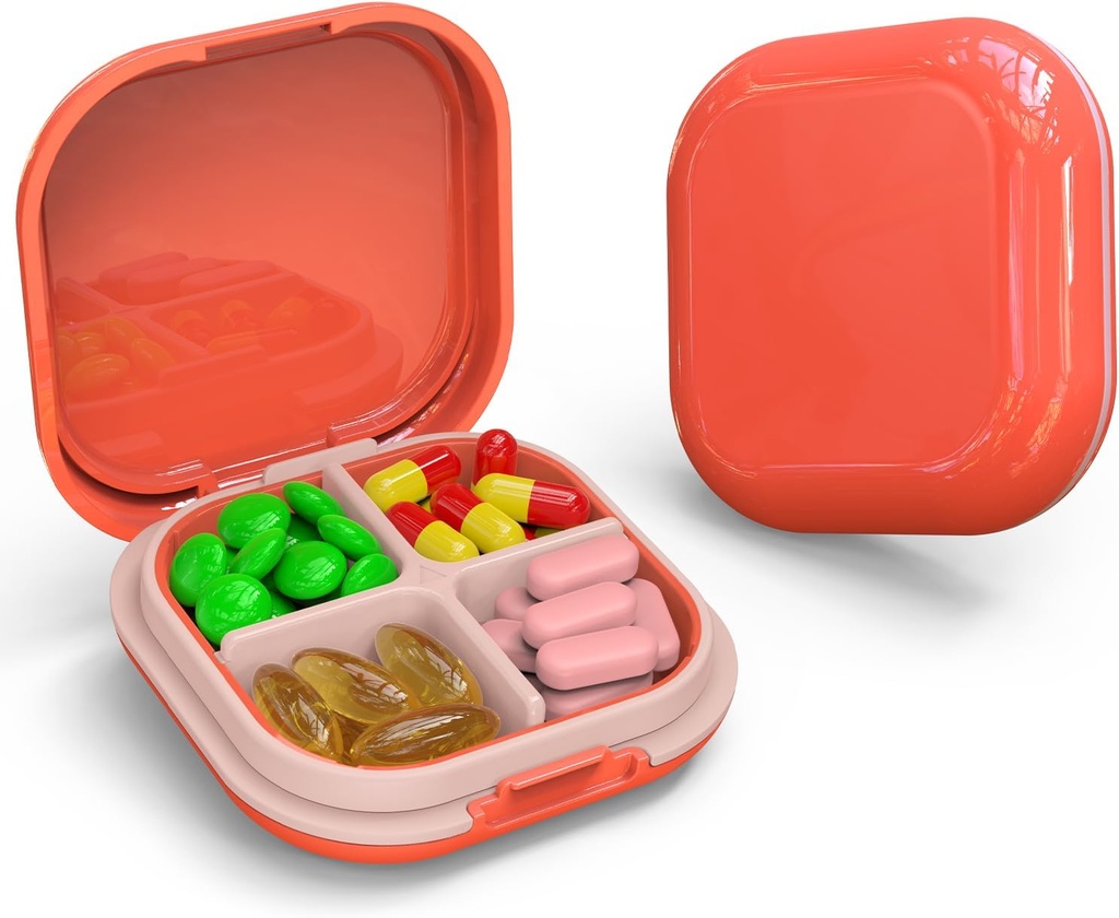Organizador diario de píldoras 4 Compartimientos, caja pequeña de pill caja de viaje portátil, mini recipiente para bolsillo de púrpura, organizador de medicina de viaje compacto para vitamina, aceite de hígado de bacalao, suplemento (Pink)