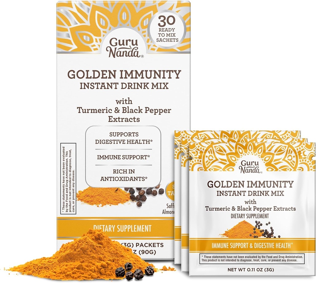 GuruNanda Golden Immunity Instant Drink Mix with Turmeric " Black Pepper - Rich in Antioxidants to Support Immune System " Digestive Health - Saffron " Almond Flavored, On-The-Go Sachets (30 Count)