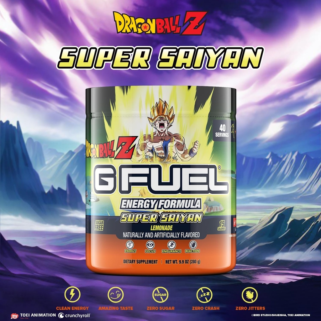 G Fuel Dragon Ball Z Energy Drink Powder, Pre Workout Caffeine Mix for Gaming, Sugar Free Focus Amino, Vitamina + Antioxidantes, 9.9oz (Lemonade, 40 Servings)
