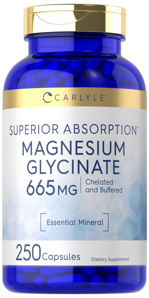 Carlyle Magnesium Glycinate TEN 665 mg ANTE 250 cápsulas TENIDA Fórmula Libre No Gluten y Fórmula Libre Gluten
