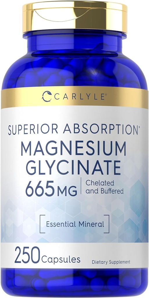 Carlyle Magnesium Glycinate TEN 665 mg ANTE 250 cápsulas TENIDA Fórmula Libre No Gluten y Fórmula Libre Gluten