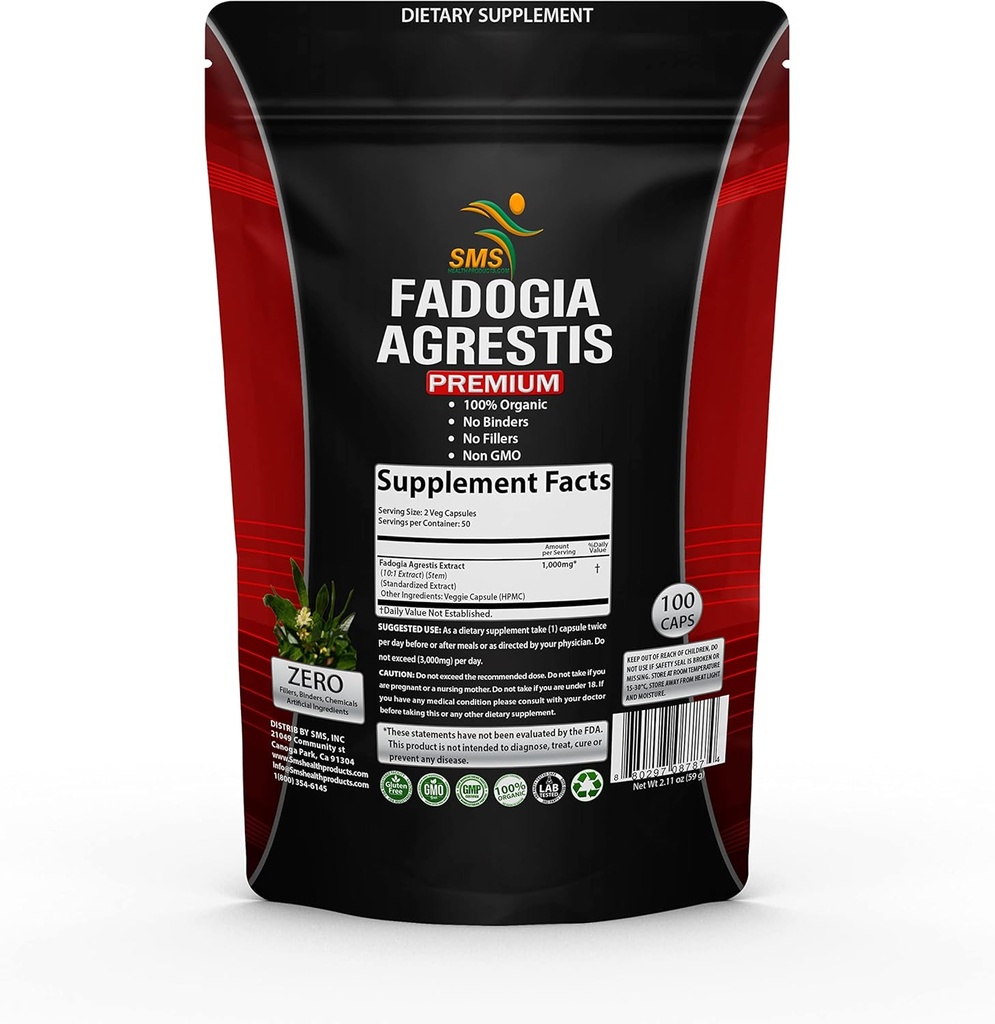 Fadogia Agrestis Extract Pills (Maximum Strength) 1,000mg Servings | Supports Athletic Performance, Strength, Drive | Organic, Non GMO, Third Party Tested, Supplement | 100 Veggie Capsules