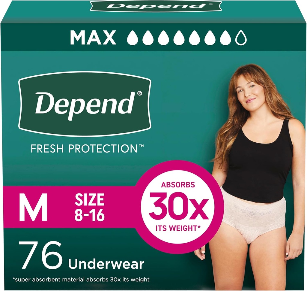 Protección fresca abierta Diapers de adultos, Incontinencia & Postparto Leak Ropa interior para mujeres, Desechable, Máximo, Media, Blush, 76 Conde (2 Packaging May Vary