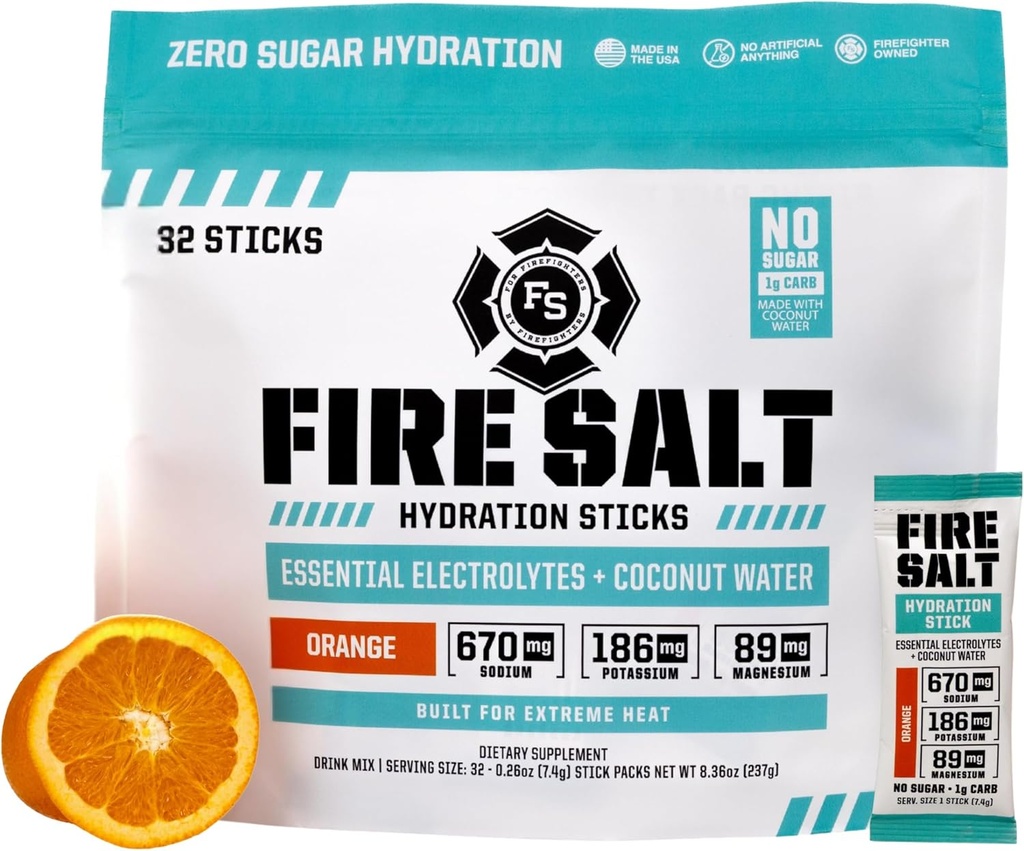 Fire Science Fire Science Fire Salt Hydration Sticks, Electrolytes & Coconut Water, Hydration Drink Mix with Magnesium, Potassium & Sodium, Zero Sugar, Single Serve On The Go Packs, Vegan, Orange Flavor, 32 Cuenta