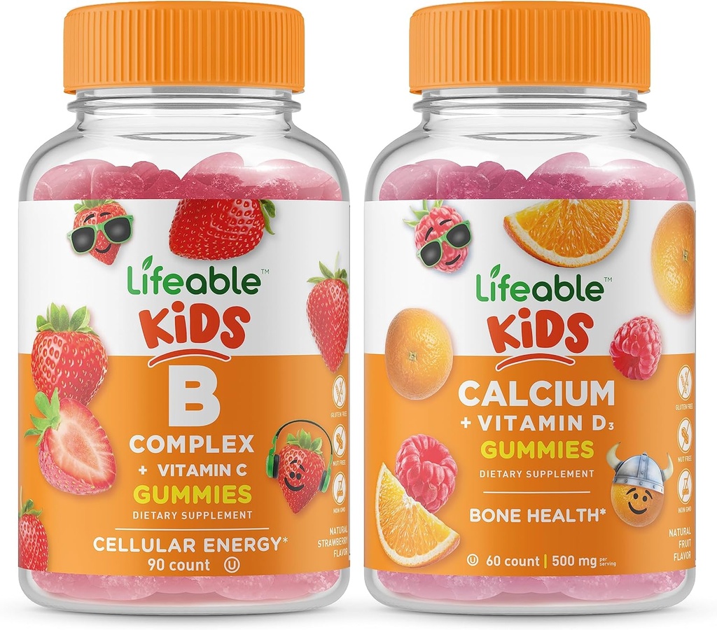 Lifeable B Complex Kids + Calcium with Vitamin D Kids, Gummies Bundle - Great Tasting, Vitamin Supplement, Gluten Free, GMO Free, Chewable Gummy