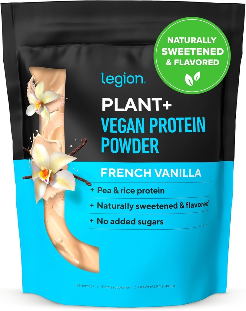 LEGION Plant+ Powder de proteína vegana, vainilla - arroz y guisante, de proteína vegetal Blend. Gluten Free, GMO Free, Naturalmente Sweetened and Flavored, 20 Servings (Vanilla)