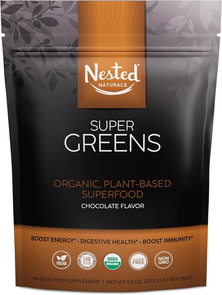 Super Greens #1 Green Superfood Powder TEN 100% USDA Organic Non-GMO Vegan Supplement TEN 20+ Whole Foods (Spirulina, Wheat Grass, Barley), Probiotics, Fiber &amp; Enzymes (Original, 30 Servings) (Chocolate)