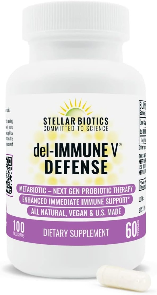 Del-Immune V® Defense by Stellar Biotics, All-Natural Immune Support &quot Gut Health (+) Inmediata atención, Metabiótico: NextGen Probiotic Therapy (60 caps)