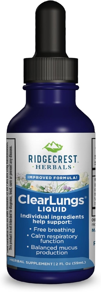 Ridgecrest Herbals ClearLungs Liquid Herbal Wellness Suplemento, Orange Flavor Alcohol Gratis para Adultos y Niños, Natural Lung Formula (2 fl oz, 29 Servings)