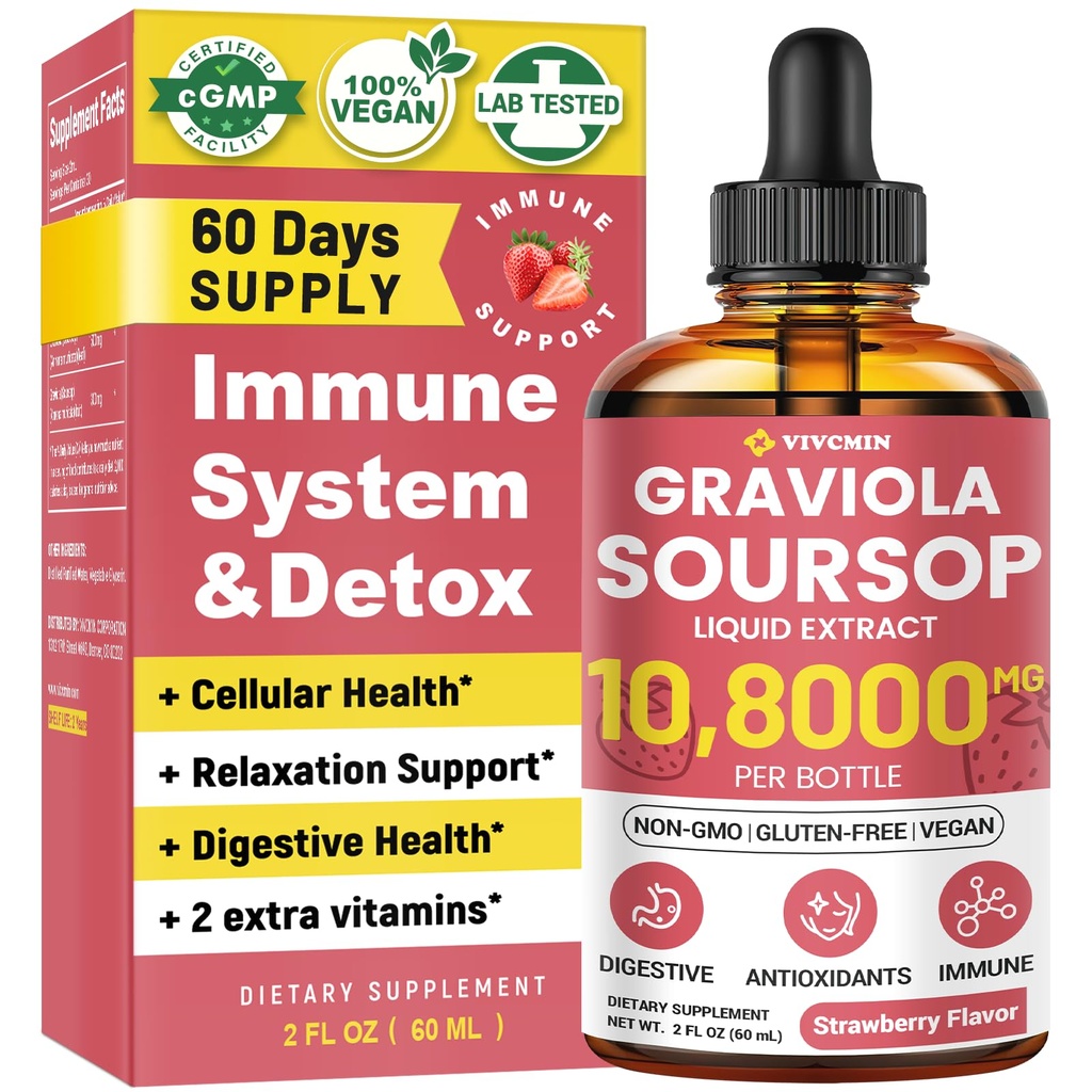 Graviola Soursop Leaf Extract Liquid - Soursop Bitters Liquid, Support Immune, Relax, Liver and Sleep, Sugar " Alcohol-Free, Highly Absorbable Formula, Strawberry Flavor, 2 Fl Oz