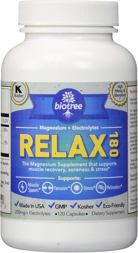 BioTree Labs Relax 180 - Pack of 120, Magnesium &amp; Potassium Supplement with Electrolytes ← Soportes Muscle Pain, Spasms & Tension ← 60 Days