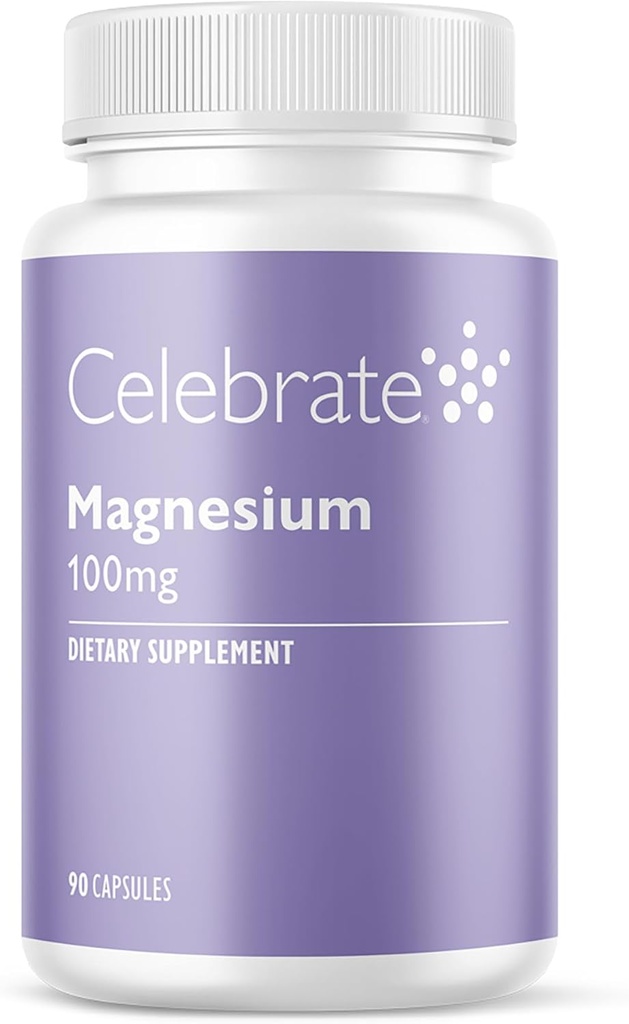 Celebrar las vitaminas Magnesio - 100 mg Magnesio Chelated Capsules Bisglycinate para el apoyo al sueño y la defensa del cárculo, Vegan y Gluten Gratis, 90 Conde