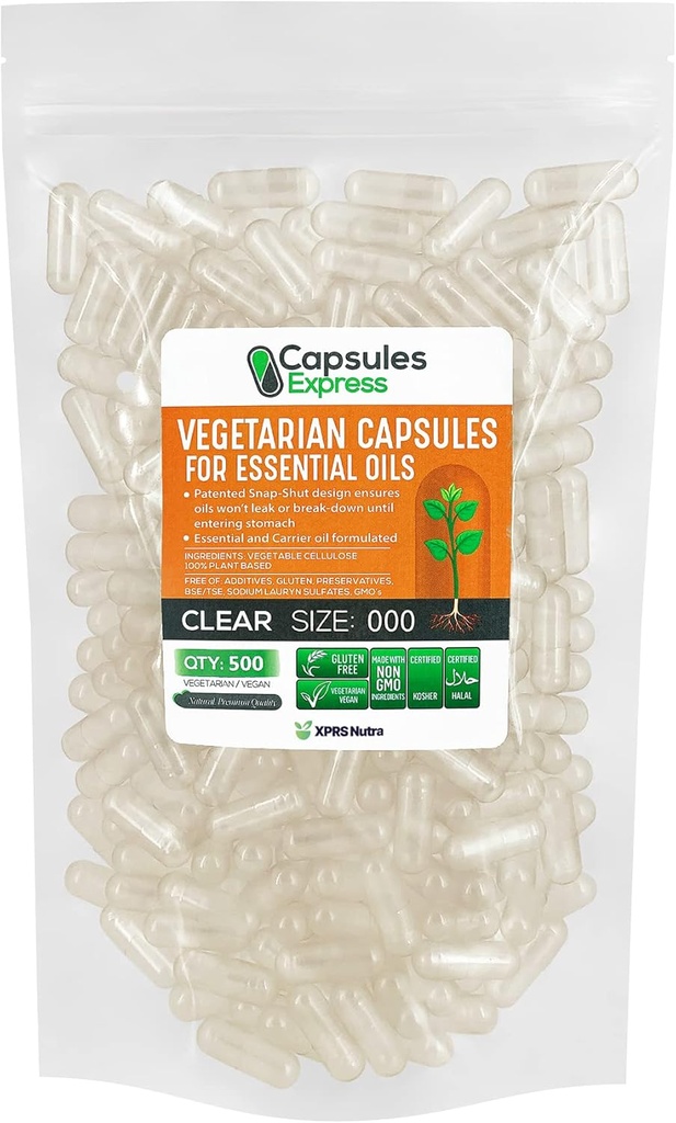 XPRS Nutra Size 000 Empty Vegan Capsules - 500 Contar grandes cápsulas de verduras claras para aceites más esenciales - Píldoras vegetales vacías - relleno de aceite DIY