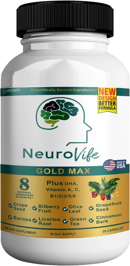 NeuroVife Gold Max Brain Support Suplemento Silencio 8 Extractos naturales con DHA, Vitaminas A, C, B Complejo tención 60 Veggie Capsules  Made in USA (1)
