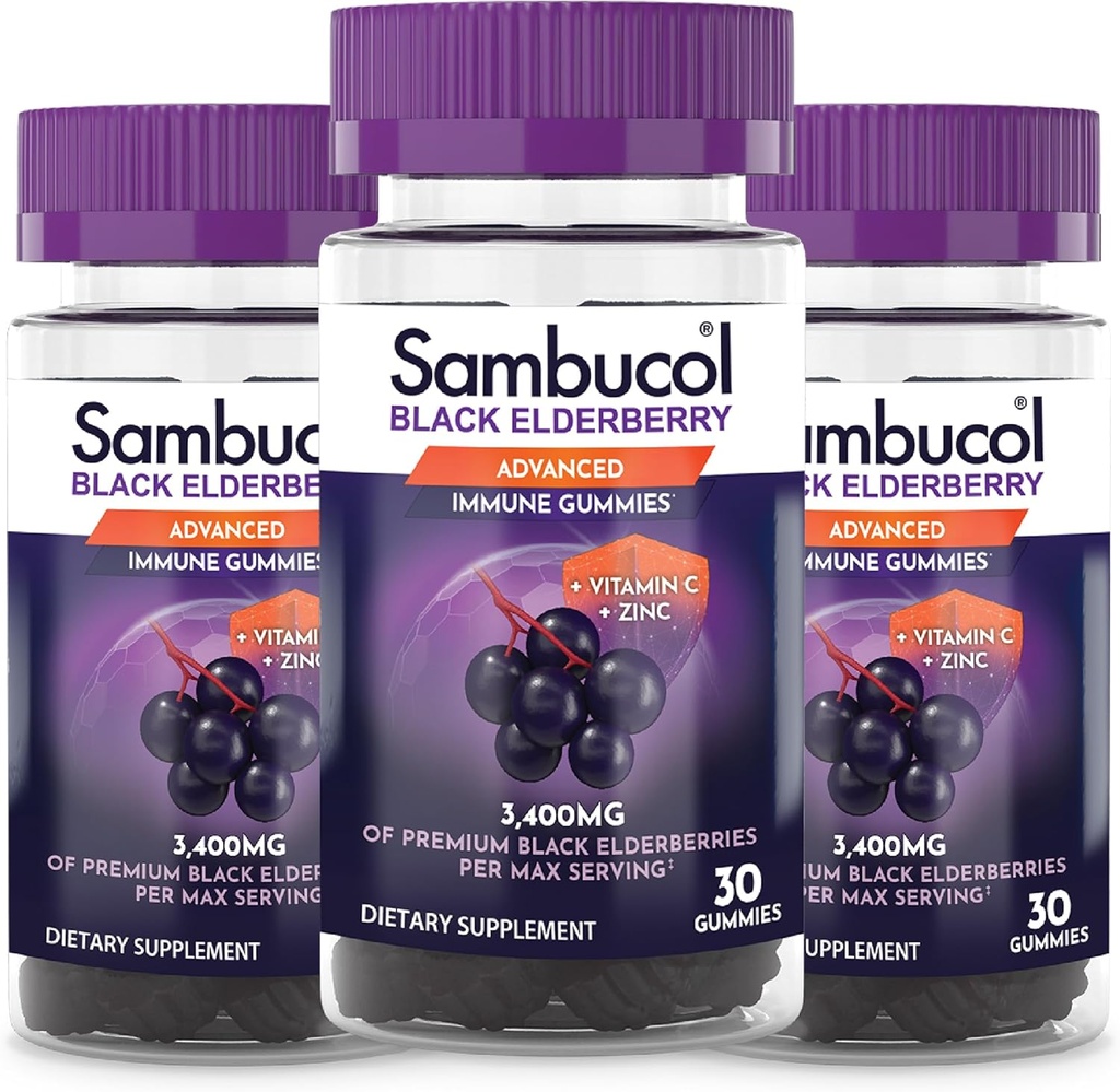 Sambucol Gummies Negro de Elderberry - Elderberry con zinc y vitamina C para adultos, Sambucus Elderberry Gummies, Immune Support Gummies - 30 Conde, 3 Pack