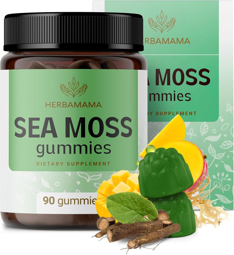 HERBAMAMA Irish Sea Moss Gummies - 1600mg True Sea Moss Suplemento con Bladderwrack y Burdock Root - Vegan, Non-GMO Skin Glow, Energy &amp; Immune Support - 90 Pectin-Based Mango-Flavored Chews