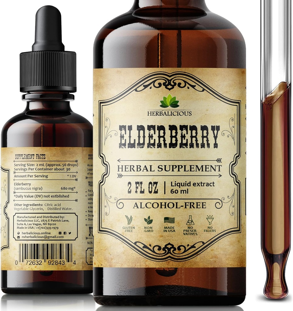 Organic Elderberry Extract – Natural Black Elderberry Herbal Supplement – Immune Boosters for Adults, Digestive & Heart Support – Antioxidants, Vitamin C & Fiber – 2 oz Liquid for Men & Women