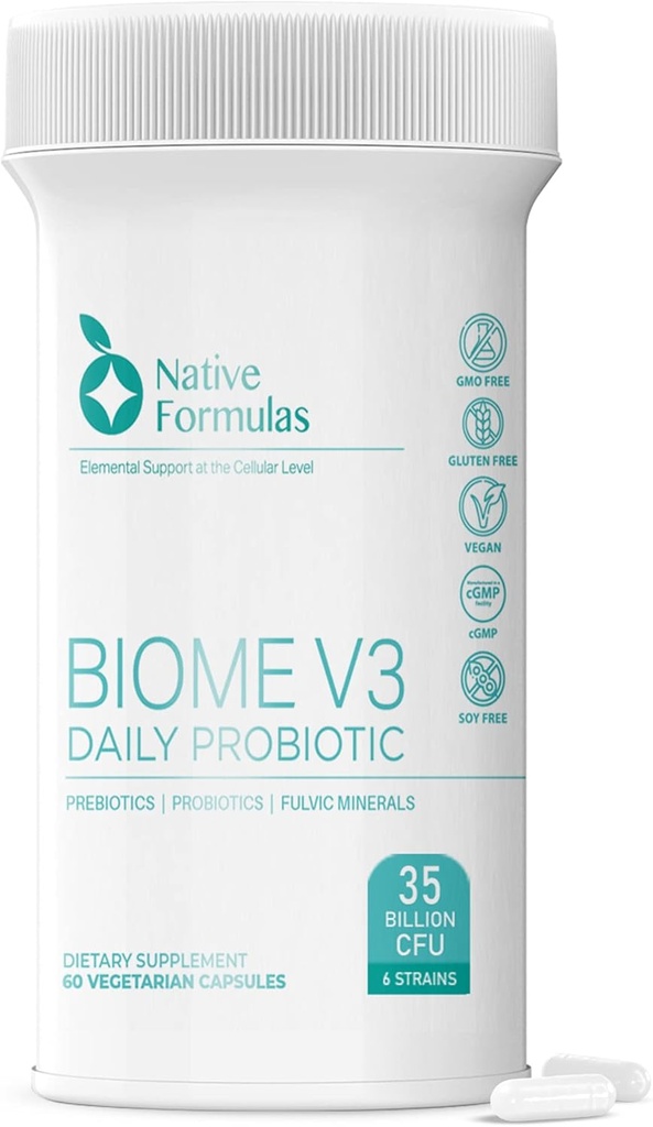 Fórmulas nativas Biome V3 Probiótico, Prebiótico, & Suplementos Fulvic Minerals - 35 Billion CFU - 6 Strains - 60 cápsulas Vegan - Hombres Mujer - FODMAP Amistoso - Apoyo Digestivo, Inmune &amp; Gut Health
