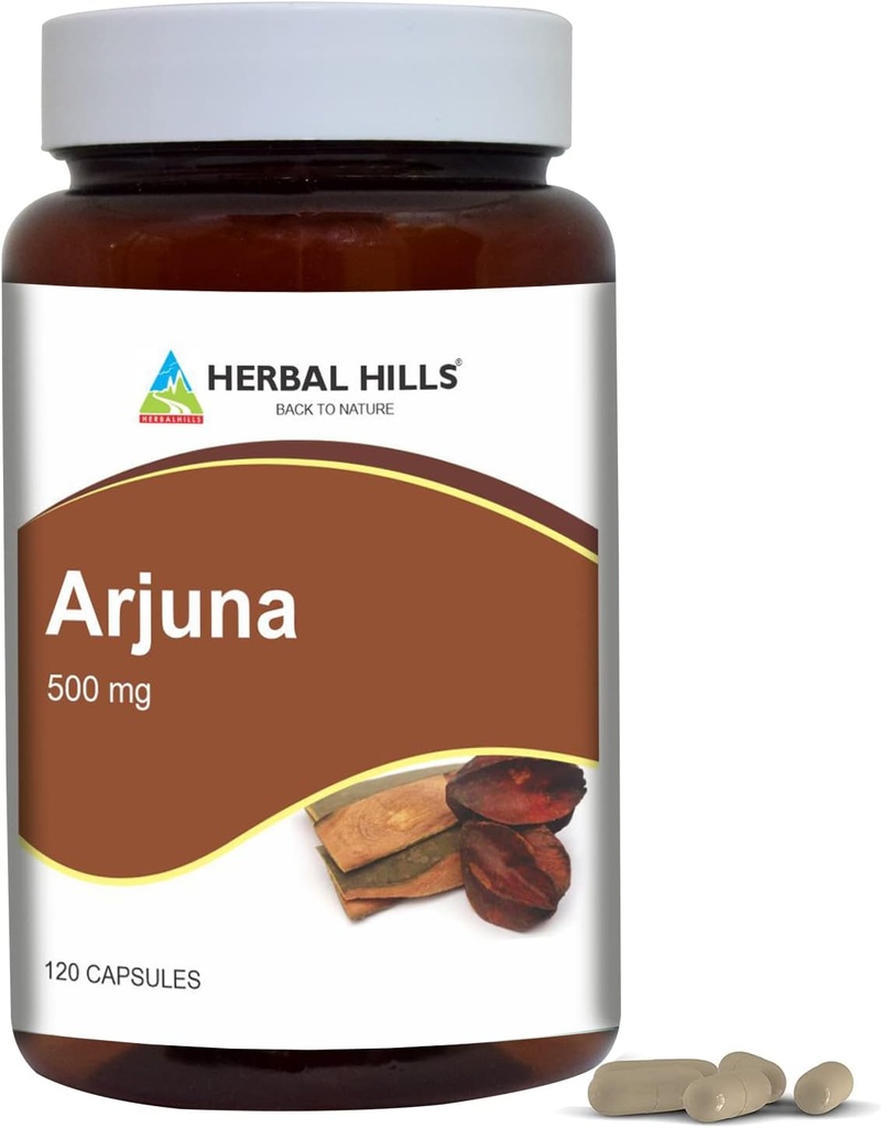 HERBAL HILLS Arjuna Capsules (Terminalia Arjuna) Silencio 120 Conde (500 mg) Silencio Estandarizado Extracto Wellness and Health Supplements with Arjuna Bark Extract