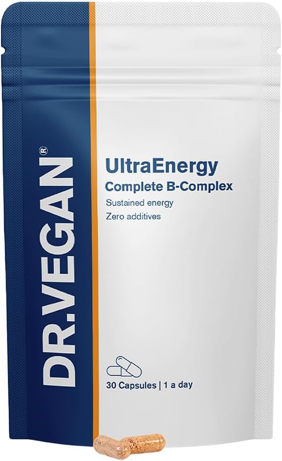 DR.VEGAN UltraEnergy ← Complejo de vitaminas de alta resistencia B, 30 cápsulas veganas y amigas incluye vitamina B12 (100ug), Choline (50mg), Biotina (50ug) y Folate (200ug)