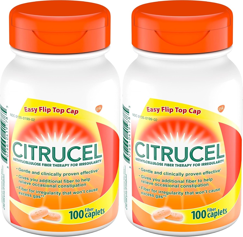 Cápsulas de CITRUCEL Terapia de fibra para el alivio del estreñimiento ocasional, 100 Cuentas (Pack of 2)