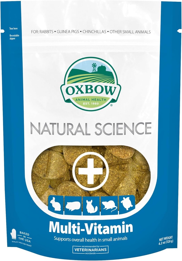 Oxbow Natural Science Multi-Vitamin, High Fiber Supplement for Rabbits & Guinea Pigs, Made with Timothy Hay, Multi-Pet Households, Omega 3 &amp; 6 Fatty Acids, Made in USA, 4.2 oz Bag
