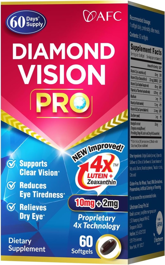AFC Japón Diamond Vision PRO – Fórmula mejorada de tamaño superior - Lutein &amp; Zeaxanthin 4X con vitaminas de ojos – Suplemento de salud visual para adultos, exposición de pantallas, uso nocturno, 60 Softgels