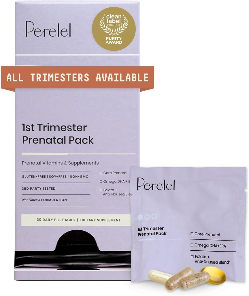 Perel 1er Trimester Prenatal Pack, Multivitamínico con Folate, Vitamina D, Omega 3, Hierro &amp; Peligro, Apoyo nutricional para el embarazo precoz, Soy &amp; Gluten Gratis, No GMO, 30 Daily Pill Packs