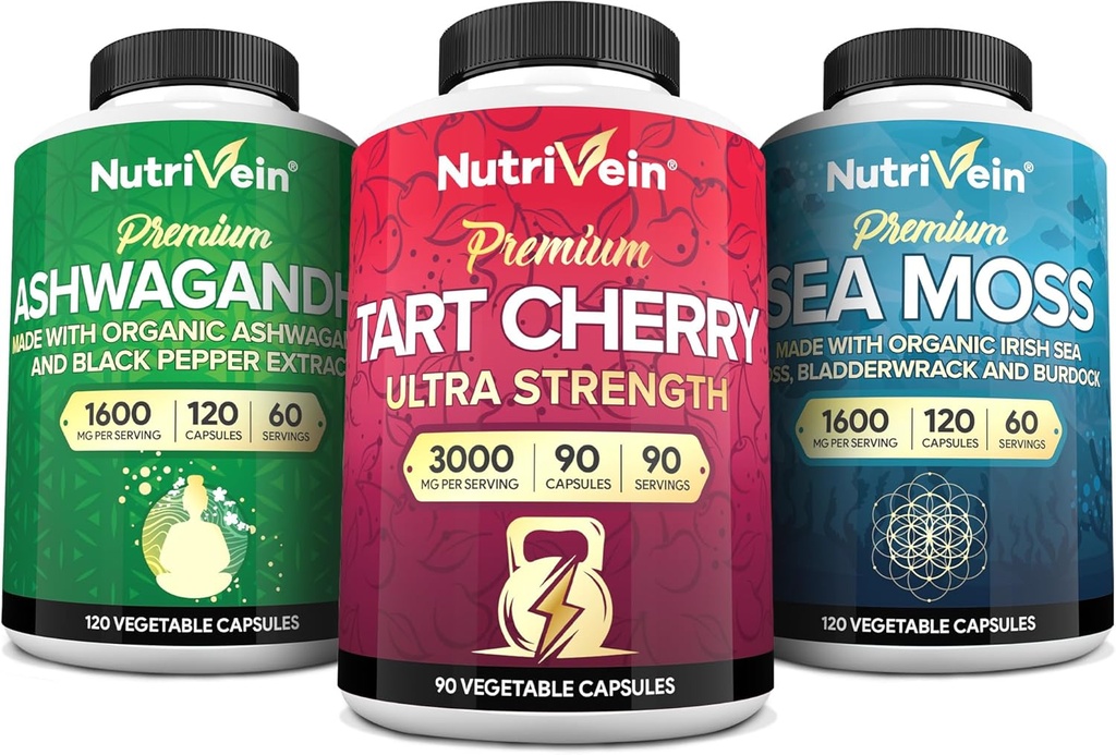 Nutrivein Irish Sea Moss Capsules, Ashwagandha y Tart Cherry Capsules Bundle: Sea Moss, Tart Cherry Supplement, " Ashwagandha Supplements  Apoyo Digestive Wellness and Daily Nutrition