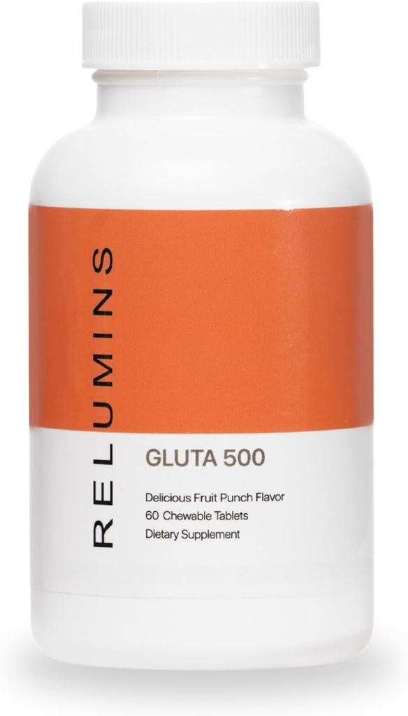 Reluminas Gluta 500 Tablas Chewable con Glutathione, Ácido Hialurónico, Vitamina C, Biotina & Collagen – Soporta Tono de Skin &amp; Glow – Fruit Punch Flavor – Made in USA – 60 Tablets