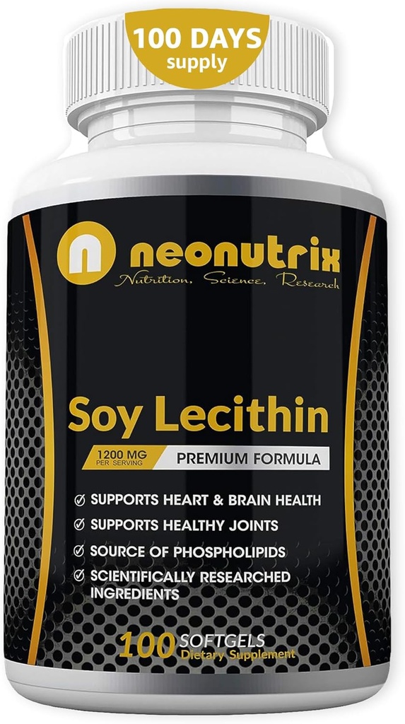 Soy Lecithin Capsules 1200mg (Uno al Día, 100 Softgels) Suplemento de Apoyo Inmunitario Rich in Phospholipids Soporta Metabolismo, Brain & Heart Health & Cell Funciones Made in The USA Non-GMO by Neonutrix